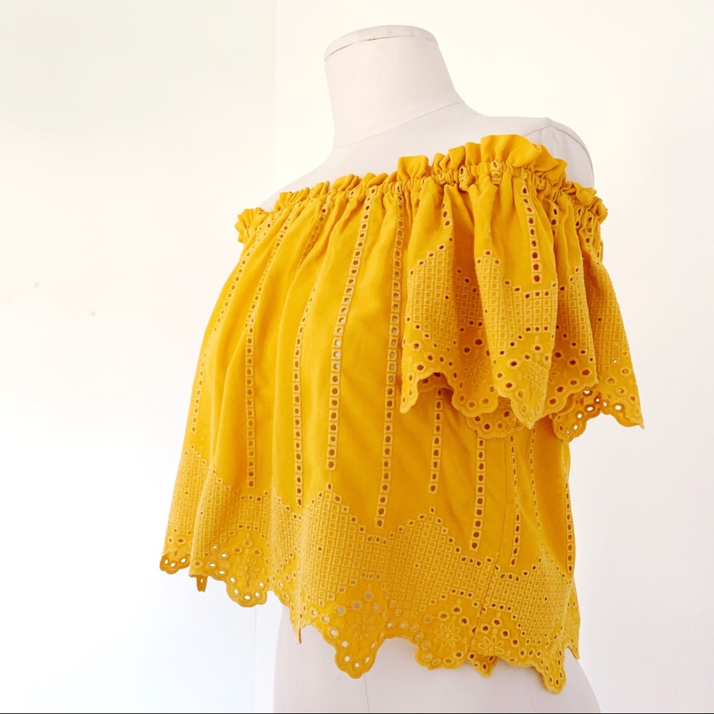 Forever 21 Off Shoulder Yellow Embroidered Crop